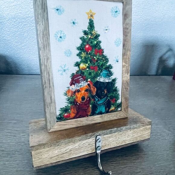 Christmas Dachshund Dogs Wood Fabric Beaded Stocking Hanger Hook - Picture 5 of 5